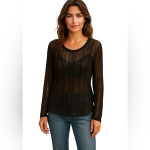 VOCAL LONG SLEEVE GLITTER MESH TOP Black Metallic Studs Loose Knit Plunge Neck